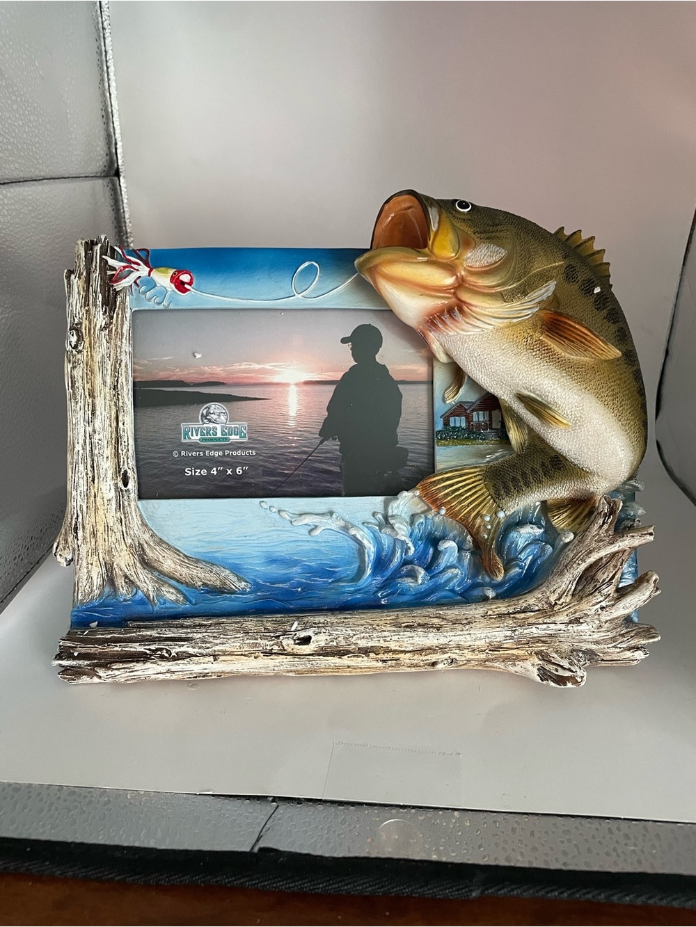 Fishing Scene Photo Frame with Lifelike Bass Hand Painted